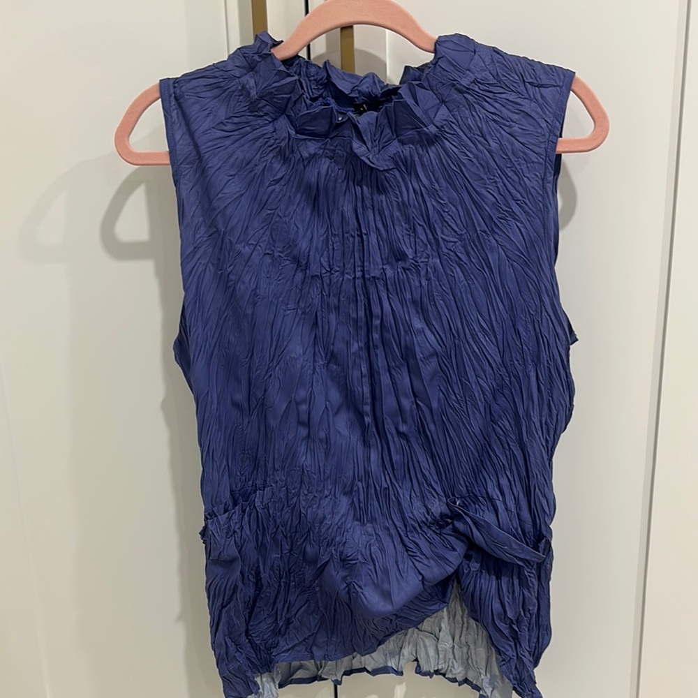 SHAN Blue Sleeveless Blouse with Pleated Ruffles and Mandarin Collar